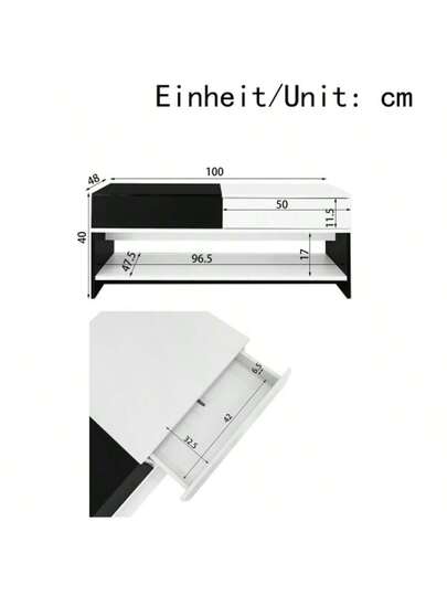 Moderne Coffee Tafel Drawers Zwart Wit Storage Space, High Gloss Tabletop, 100 Cm Long view 2