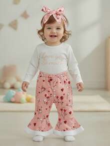 Conjunto de 3 piezas para bebé niña con bonito mono de manga larga con letras dulces, pantalones acampanados con forma de corazón y diadema - Blanco - Ver 5
