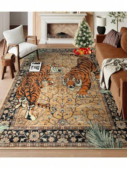 1pc Tiger Pattern Rug, Bohemian Style Washable Carpet, Suitable For Living Room, Dining Room, Vintage Soft Rug, Non-Slip Large Size Carpet For Office, Bedroom, Living Room, Entryway Doormat, Camel Color
