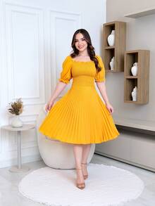 Pleated Midi Dress With Elastex Waist - Yellow - View 1