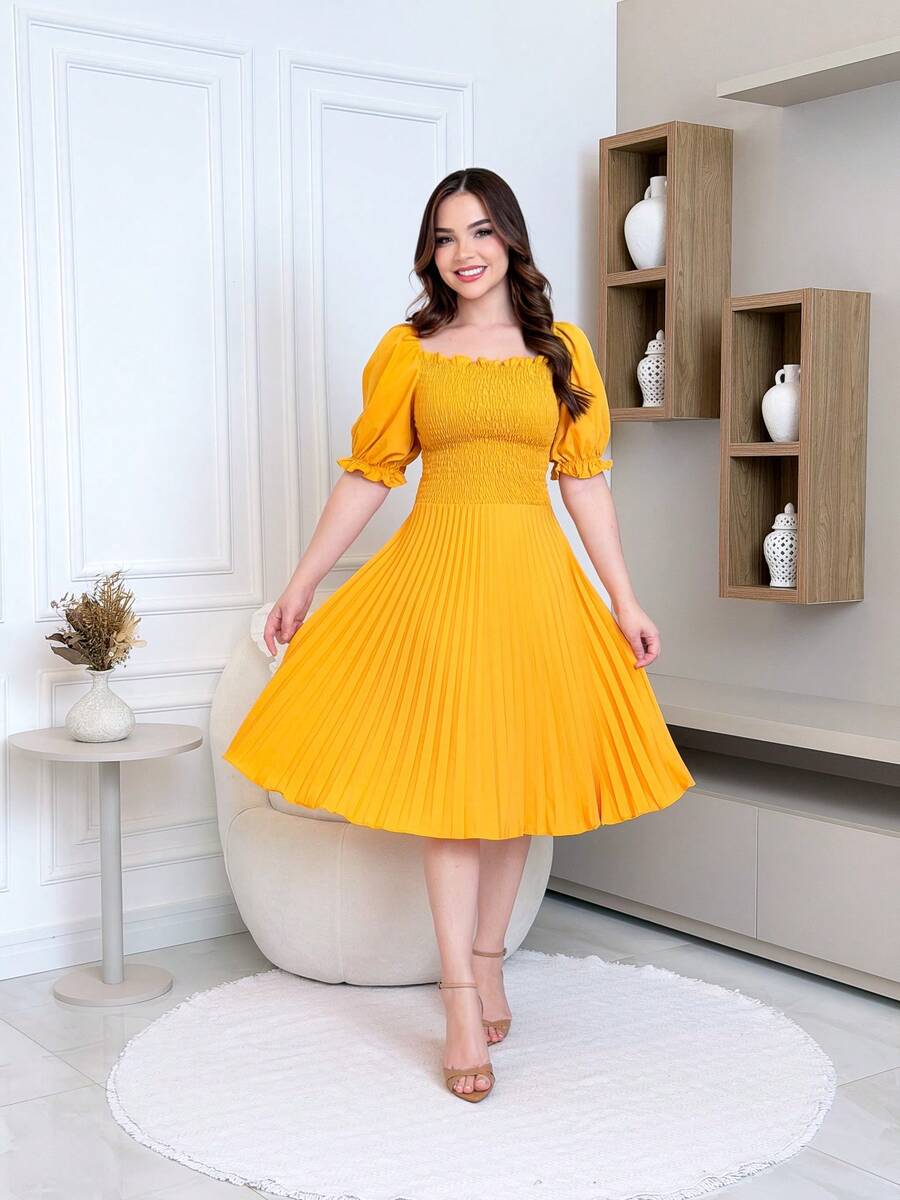 Pleated Midi Dress With Elastex Waist - Yellow - View 1
