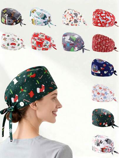 Gorro de enfermera unisex con patrones de dibujos animados de árbol de Navidad, copo de nieve y ciervo, con forro de banda de sudor, adecuado para juegos de roles, transpirable y a prueba de polvo, práctico y de moda para salones de belleza, enfermeras, hospitales, clínicas dentales, hospitales veterinarios, pediatras, personal de limpieza, así como para ocasiones de Halloween y Navidad