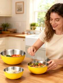 Powcan Juego de tazones de acero inoxidable para mezclar, 3 piezas encajables para cocinar, hornear, preparar ensaladas y preparar comidas | Diseño apilable, fácil de limpiar, duradero y versátil para la cocina. - Conjunto de 3 piezas amarillo - Ver 9