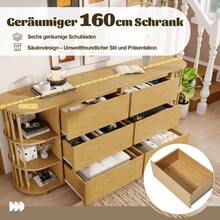 160cm Eiche Sideboard, Roman Design With Bamboo Columns And Shelves, 6 Drawers And Open Shelves, Height Adjustable Legs, H75/W160/D40 - 1 - View 9