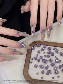 60 viên đá pha lê tím lấp lánh dùng trang trí móng tay, đá pha lê tím không đối xứng, đáy nhọn, trang trí móng tay hình bướm và trái tim, phụ kiện làm móng DIY, đá trang trí móng tay. - Màu tím - Xem 4