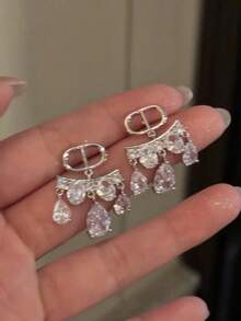 rundraw 2 件水滴圆形夹式耳环，银色调铜材质，镶嵌锆石，时尚奢华风格，适合女性日常佩戴 - 銀色 - 查看 15