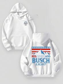 Aged Washed Cotton Crew Neck 270g Double-Sided Printing Back "American Flag, Mountains & RED, WHITE AND BUSCH LIGHT Text" Art Graphic Y2k,Soulja,Concert,Halloween,Gothic,Vintage,Streetwear Graphic,009-AB - 白色 - 查看 1