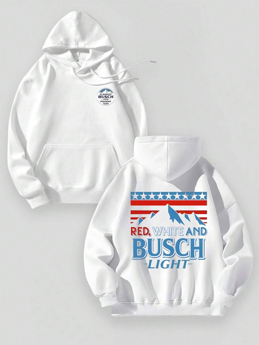 Aged Washed Cotton Crew Neck 270g Double-Sided Printing Back "American Flag, Mountains & RED, WHITE AND BUSCH LIGHT Text" Art Graphic Y2k,Soulja,Concert,Halloween,Gothic,Vintage,Streetwear Graphic,009-AB - 白色 - 查看 1