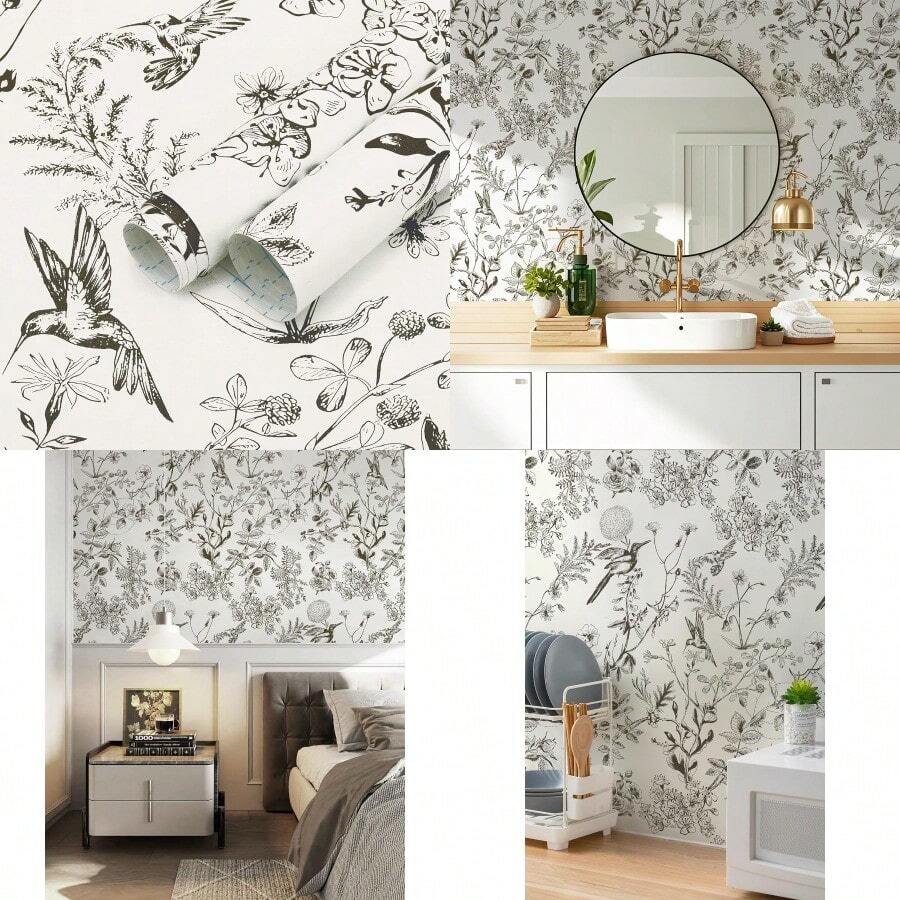 Peel And Stick Wallpaper Floral Birds Contact Paper Black And White Wall Paper Peel And Stick Modern Boho Removable Self Adhesive Wallpaper Vinyl Rolls 118"X17.3" - ĐenTrắng - Xem 1