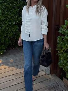 新款时尚优雅纯色前开襟休闲衬衫，适合度假、日常、旅行、节日、下午茶等场合，白色春季款 - 白色 - 查看 3