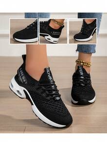 Women's Air Cushion Mesh Breathable Running Shoes, Women's Black Casual Walking Shoes, Women's Black Mesh Breathable Air Cushion Shock Absorbing Sports Shoes, Lightweight Non-Slip Sports Training Shoes Suitable For Gym And Walking, Casual Lightweight Sports Training Shoes