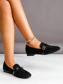Women's Fashion Metal Buckle Round Toe Low Heel Flats - Black - View 6
