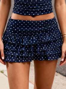 Women's Summer Mini Skirt Casual Stylish Dot Print Layered Ruffled Mid Rise Short Skirt - 藍色 - 查看 6