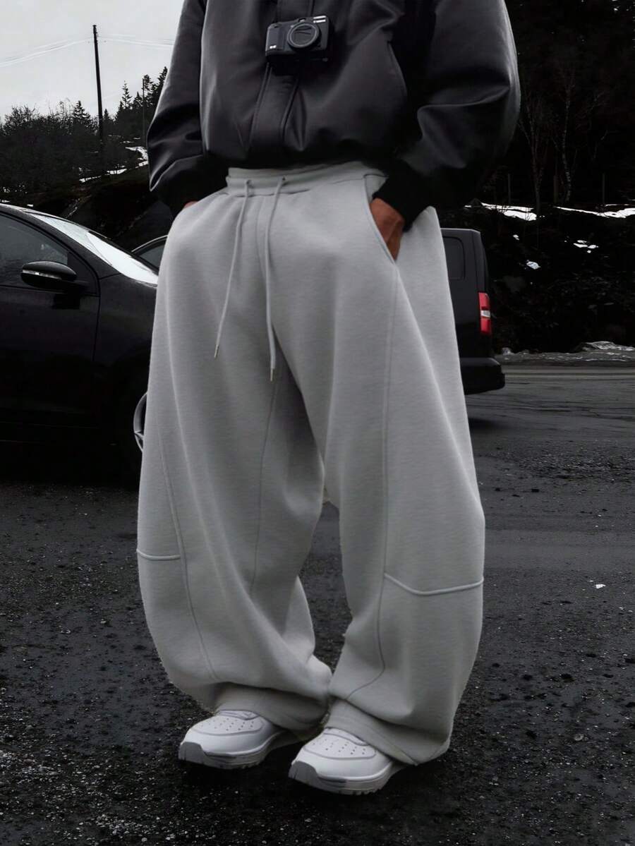 Men's Solid Color Casual Loose Sports Pants With Drawstring Elastic Waist, Outdoor Minimalist Spliced Pants, Loose Straight-Leg Pants, Suitable For Students And Boys. - Light Grey - View 1