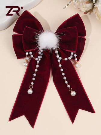 1 pieza Clip de pelo con lazo de terciopelo burdeos con perla de pompón y clip de caimán, accesorio de moda elegante para el cabello de mujer, accesorio de cabello para otoño e invierno