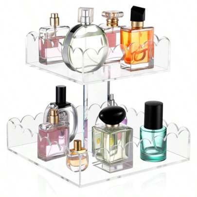 QY- 2 Tier Scalloped Acrylic Bathroom Cosmetic Storage Organizer Perfume Shelf Stand For Dresser And Countertop 9.45 Inch Decorative Standing Tray For Skincare Vanity Bedroom Living Room Decor -0085