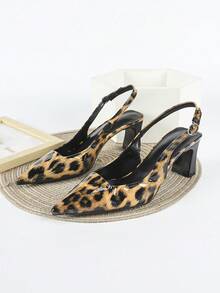 Women's Sexy Leopard Print High Heel Pumps, Thick Heel Dress Shoes, Slip-On Pointed Toe Sandals,Kitten Heels