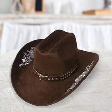 Women Men Embroidery Cowgirl Hat Wide Brim Cattle Head Belted Wool Hat Felt Jazz Cap For Party - Cà phê nâu - Xem 1