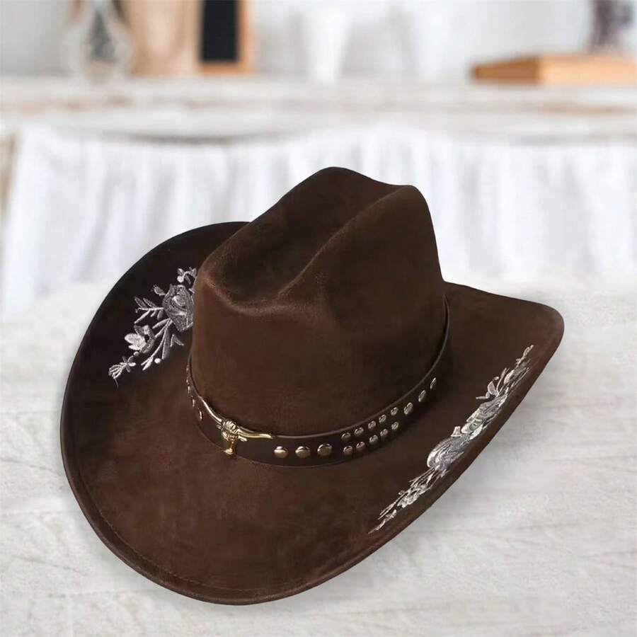 Women Men Embroidery Cowgirl Hat Wide Brim Cattle Head Belted Wool Hat Felt Jazz Cap For Party - Cà phê nâu - Xem 1