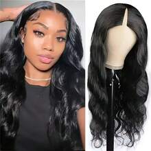 Parrucca da donna con parte a V e onda del corpo, densità 200%, calotta in rete rosa, capelli umani brasiliani, parrucca festiva realizzata a macchina, facile da installare, diverse lunghezze disponibili, - Upgrade V Part Wigs - Natural Black - Visualizzare 7
