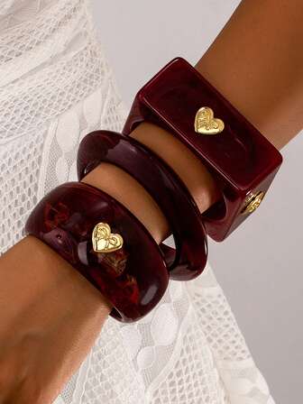 3 件/1 件女士复古勃艮第手链，几何设计，心形和蝴蝶结装饰，精致奢华百搭派对和日常佩戴手链