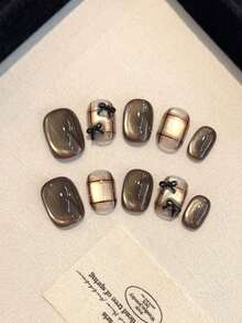 10pcs Handmade Giant Starry Sky Cat Eye Plaid 3D Bow Nail Stickers, Suitable For Women And Girls' Daily Life, Parties, Balls, And Gifting To Friends. The Acrylic Nail Stickers Are Simple, Cute, And Versatile. The Short Nail Sticker Set Includes Jelly Gel And Anti-Slip Stickers.