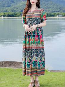 FANMUER Váy đi biển mùa hè họa tiết hoa Bohemian thanh lịch giản dị dành cho nữ - Đen và xanh lá cây - Xem 7