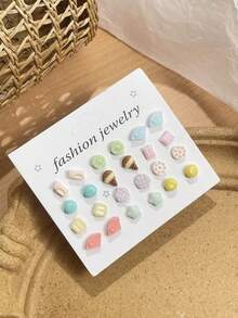 Set de 7/9/12 pares de pendientes de botón de resina con diseño de rosas y girasoles en 3D, adecuados para familia, amigos, uso diario y como regalo - Unitalla - Ver 8