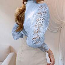 Las mujeres de manga larga de pie cuello hueco empalme de encaje perla botón Top - Azul - Ver 2