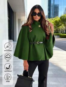 一款时尚优雅的纯色短外套（七分袖或四分袖，女士冬季款式，披肩式外观，饰有系带设计，适合工作、约会、购物和外出等各种场合）。 - 綠色 - 查看 5