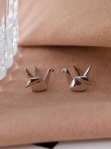 Simple Silvery-Plated Paper Crane Stud Earrings For Women - Japanese-Korean Style, Anti-Allergic Copper Material, Suitable For Casual Outfits Or Gifts - Multicolor - View 10