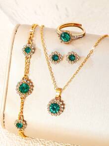 1 Set Reloj de mujer con gemas con incrustaciones de rhinestone, reloj de cuarzo + collar + aretes + pulsera + anillo Set con correa ajustable, tono dorado vintage, reloj de cuarzo de mujer con gemas, perfecto para fiestas, vacaciones, atuendos de cumpleaños o como el mejor regalo para tu mejor amiga - Dorado - Ver 2