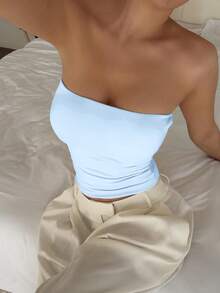 Vaiaye 女士无缝无肩带纯色弹力修身背心，时尚无肩带基础款吊带T恤，适合春夏休闲穿着 - 藍色 - 查看 7