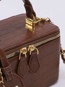 1pc High-End Coffee Crocodile Embossed Zipper Small Square Bag, Fashionable PU Quilted Diamond Stitching Box Bag, Versatile Zipper Small Square Bag, Women's Handbag With Chain Shoulder Strap - Coffee - View 7