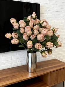 Two 48cm Artificial Pink Roses | 7 Rose Heads + Green Plastic Base. American Minimalist Romantic Style, Suitable For Home Flower Arrangements. A Great Gift For Women Or Mothers, Or As A Standalone Gift, Fresh Flower, Stamen, Or DIY Decoration. - Multicolor - View 7