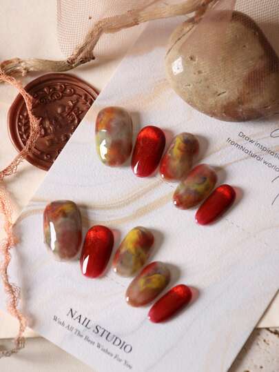 10 件亚克力按压指甲红色指甲猫眼黄色光晕简约短指甲假指甲人造指甲套装包括 1 张粘合标签和 1 个迷你锉刀