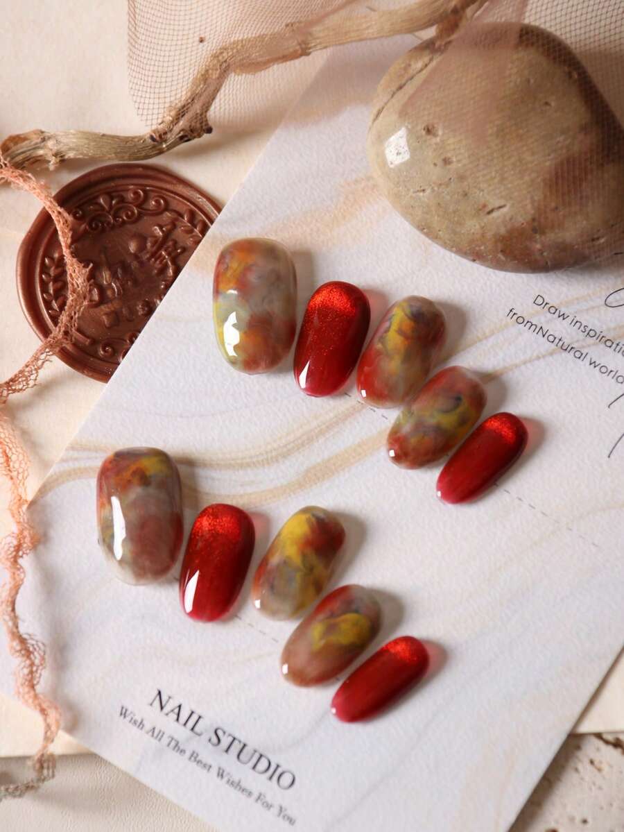 10 件亚克力按压指甲红色指甲猫眼黄色光晕简约短指甲假指甲人造指甲套装包括 1 张粘合标签和 1 个迷你锉刀 - 彩色 - 查看 1