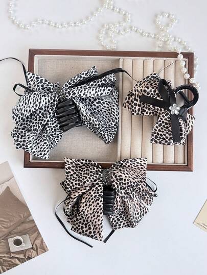 1pc/3pcs New Leopard Print Bowknot Large Hair Claw, Elegant Polyester Hair Accessories, Suitable For All Seasons