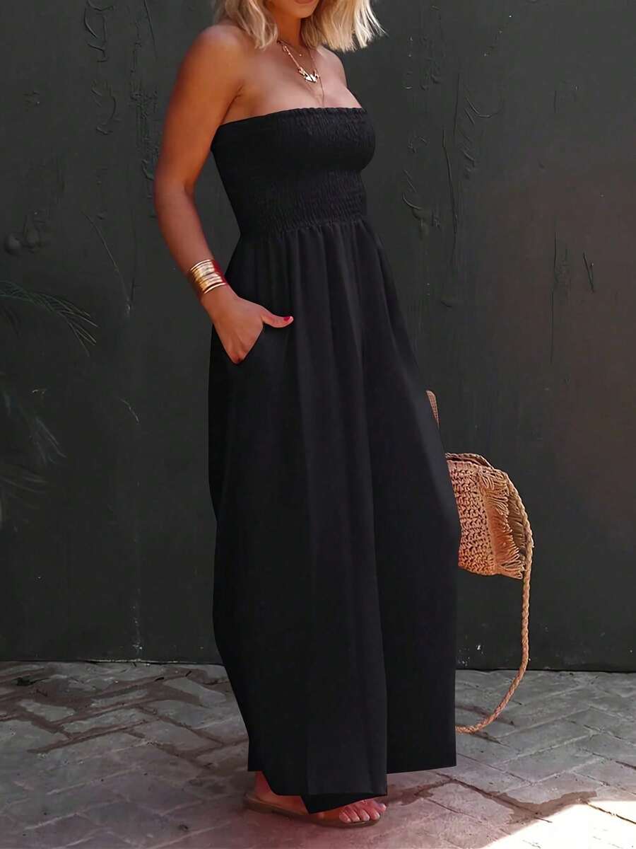 Womens Strapless Smocked Wide Leg Jumpsuit Sleeveless Casual Summer Chiffon Romper With Pockets - 黑色 - 查看 1