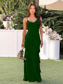 Women's Backless Bodycon Spaghetti Strap Elegant Ruffle Maxi Cocktail Party Dresses, 2025 QMO3 - Dark Green - View 5