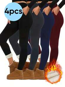 4 Pieces Women's High Waist Fleece-Lined Warm Leggings - Slim Fit Stretchy Winter Pants With Pockets, Multiple Colors Available (Black, Navy Blue, Red, Dark Gray) |   Machine Washable, Suitable For Everyday And Formal Wear |   Warm Tights For Cold Weather |   Warm Fleece-Lined Leggings With Pockets, Solid Color Design, Medium Elasticity Fabric, Suitable For Autumn And Winter, Women's Plus-Size Winter Pants, Women's Fleece-Lined Leggings, Women's Winter Tight Pants, Women's Snow Pants - Màu sắc hỗn hợp - Xem 12