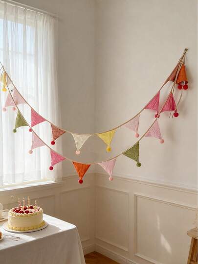 1 Pack 10pcs Cotton Triangle Pennant Flags With Pom Poms, Boho Style Bunting Banner, Suitable For Birthday Party Decor, Wall Hanging, Wedding, Baby Shower, Home Room Decoration