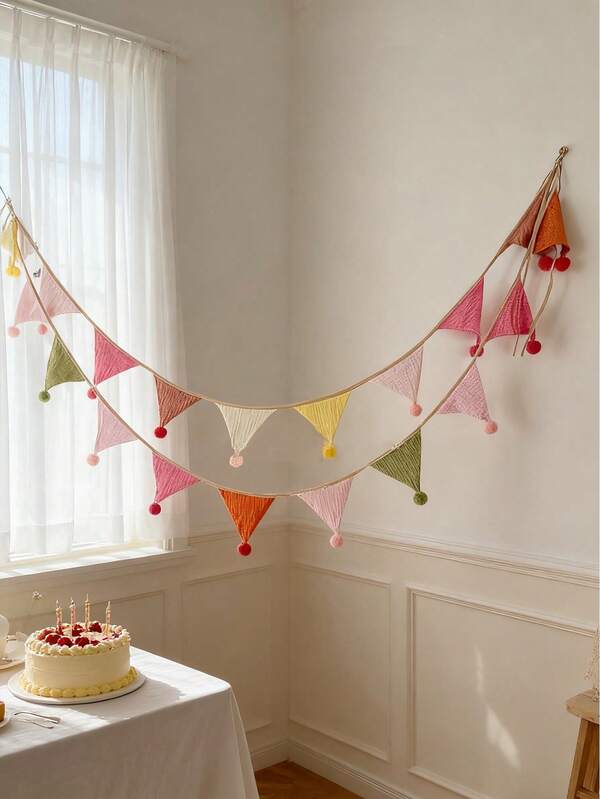 1 Pack 10pcs Cotton Triangle Pennant Flags With Pom Poms, Boho Style Bunting Banner, Suitable For Birthday Party Decor, Wall Hanging, Wedding, Baby Shower, Home Room Decoration