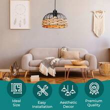 Large Metal Rope Light Shade, Retro Black Lamp Shade With Jute Rope Lamp Shades Ceiling, Rattan Lampshade, Pendant Lampshades For Ceiling Lights, Living Rooms, Kitchen, Bedroom, Hallways - Black - View 3