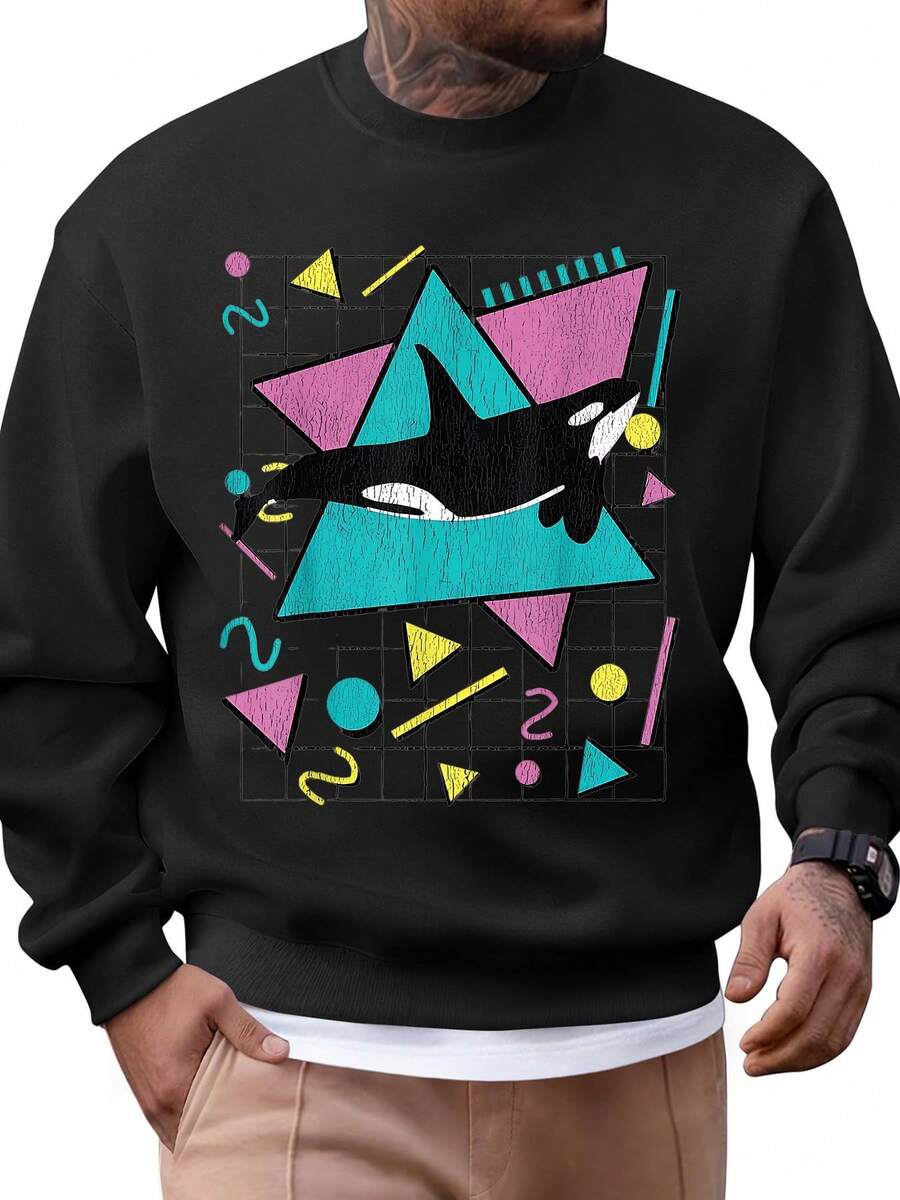 Geometric Orca Whale Design Sweatshirt For Men - Abstract Art Print Crewneck Pullover, Casual Wear For Everyday, Festival, And Holiday Outfits - Black - View 1
