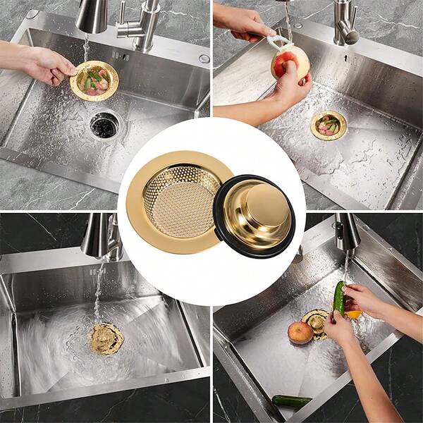 Three Pieces Set Of Golden Kitchen Sink Strainer, Stainless Steel Drain Filter For Sink, Vegetable Washing Basin And Hand-Washing Basin, Anti-Clogging And Anti-Odor Insect-Proof Net.