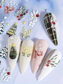 2 Peças de Adesivos de Arte de Unhas com Relevo de Padrão de Folhas de Natal de Inverno - Design de Arte DIY para Árvore de Natal de Inverno, Natal, Ano Novo, Galhadas de Veado, Folhas de Flores e Luzes de Estrela, Adequado para Uso Diário, Casamento e Feriados de Mulheres, Adesivos de Unhas Descartáveis, Estilo de Tema Cartoon, Fofo, Fácil de Colar, Decoração de Salão de Beleza