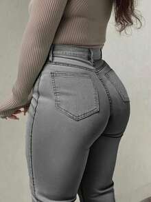 大码喇叭牛仔裤，优雅时尚，正式休闲，适合秋季穿着，女士大码牛仔裤，女士大码牛仔裤，曲线牛仔裤，女士牛仔裤，黑色牛仔裤，宽松牛仔裤，裤子，工装裤，大码牛仔裤，适合万圣节、新年、乡村、圣诞节等场合。 - 灰色 - 查看 4