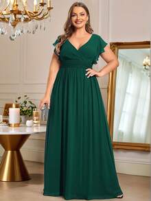 Đầm phù dâu cỡ lớn, tay ngắn, cổ chữ V xếp ly, màu trơn hở lưng, eo cao, gấu váy xếp ly bất đối xứng, chất liệu chiffon màu xanh đậm, phù hợp cho tiệc cưới, mẹ cô dâu, v.v. - Màu xanh lá cây đậm - Xem 4