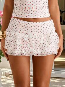 Women's Summer Mini Skirt Casual Stylish Dot Print Layered Ruffled Mid Rise Short Skirt - Pink - View 1